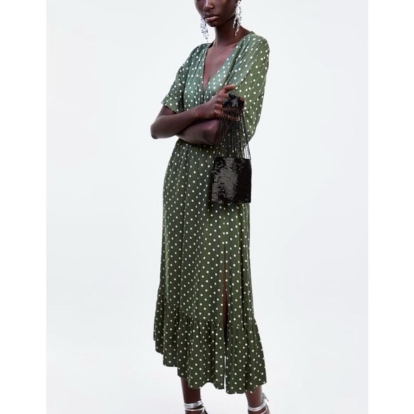 Zara Dresses & Skirts - Zara olive green and cream rayon polka dot short puff sleeve midi dress S